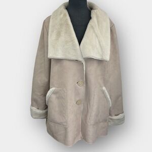 Signature Women’s Faux Suede Coat L Tan Sherpa Collar Pockets Button Front